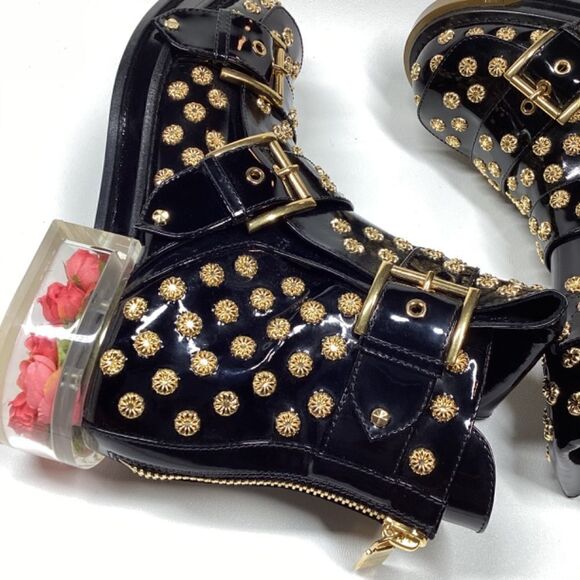 Alexander McQueen Runway Black Leather Ankle Boots with Floral Block Heels - Picture 14 of 17